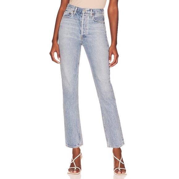 Agolde 'Riley' Blue Cotton High Rise Straight Crop Denim Jean Size 26 - Picture 1 of 4